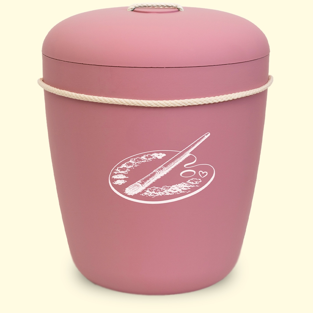 Roosan värinen uurna jossa sivellin kuva sivostolta www.benutree.fi