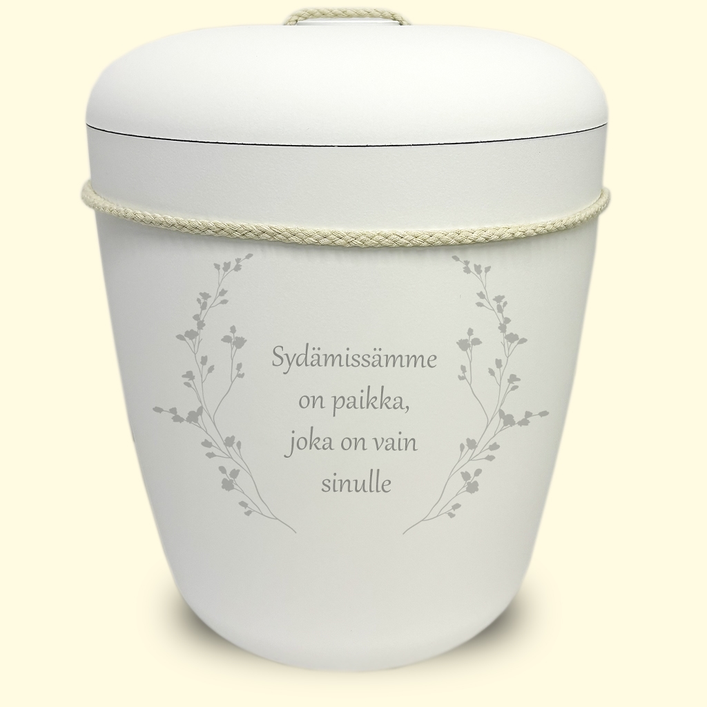 Valkoinen ekologonen uurna kukkakuvioilla sivustolta www.benutree.fi