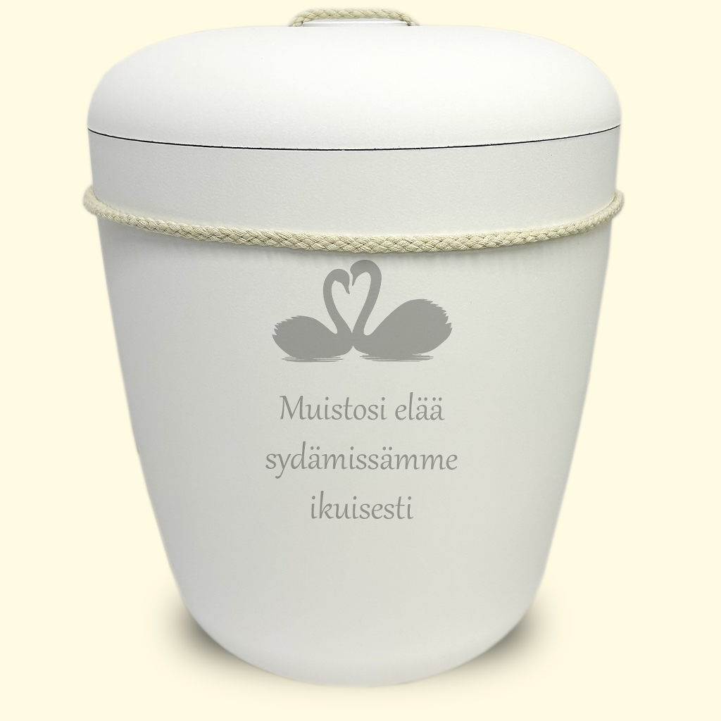 Valkoinen biohajoava uurna kauniilla tekstillä