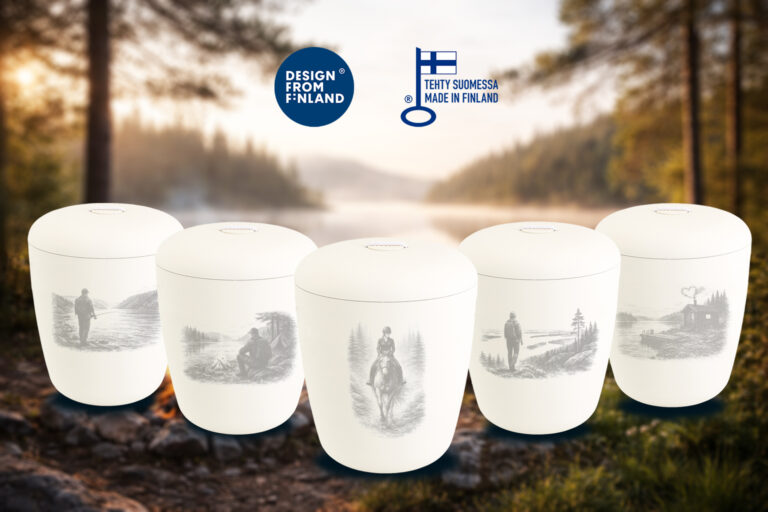 Uurnat joiden teema eletty elämä. Saa hautaustoimistosta. sivustolta www.benutree.fi