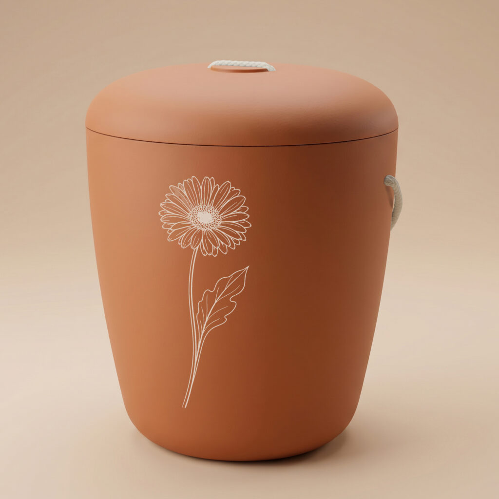 Oranssi uurna gerbera kaiverruksella sivustolta www.benutree.fi